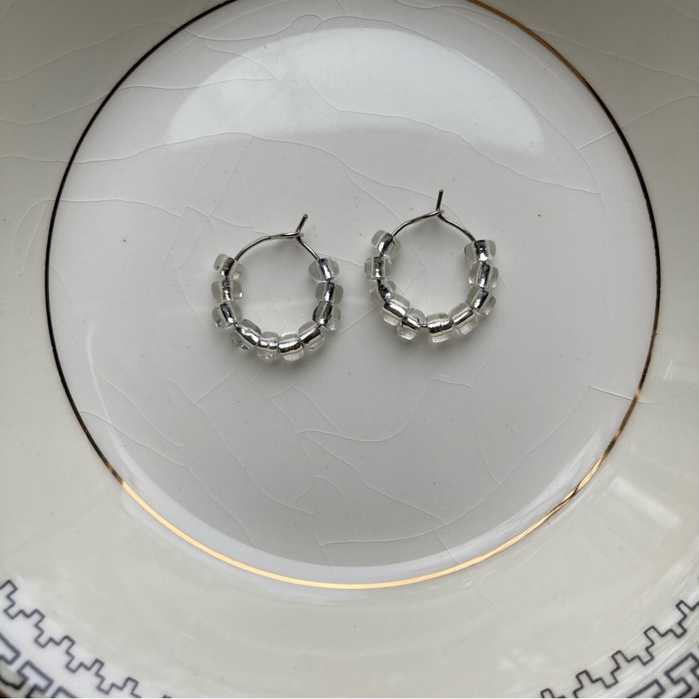 Silver Hoops With Clear Glass Beads